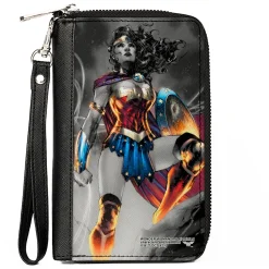 PU Zip Around Wallet Rectangle - Wonder Woman 75th Anniversary Comic Book Cover Standing Pose Grays/Full Color