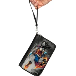 PU Zip Around Wallet Rectangle - Wonder Woman 75th Anniversary Comic Book Cover Standing Pose Grays/Full Color