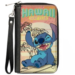 PU Zip Around Wallet Rectangle - HAWAII SURF CLUB Stitch Winking Pose + Sun/Pattern Blocks Pinks/Yellows