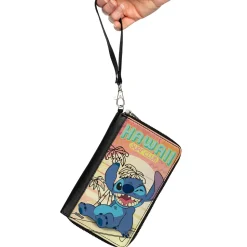 PU Zip Around Wallet Rectangle - HAWAII SURF CLUB Stitch Winking Pose + Sun/Pattern Blocks Pinks/Yellows