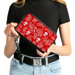 PU Zip Around Wallet Rectangle - Bandana/Skulls Red/White