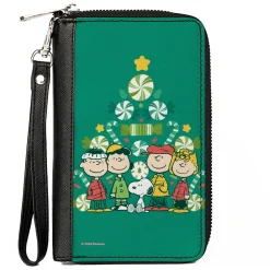 PU Zip Around Wallet Rectangle - Peanuts Holiday Christmas Tree Group Pose Greens