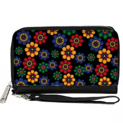 PU Zip Around Wallet Rectangle - Psychedelic Daisies Black/Multi Color