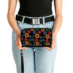 PU Zip Around Wallet Rectangle - Psychedelic Daisies Black/Multi Color