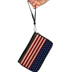 PU Zip Around Wallet Rectangle - American Flag Stripe