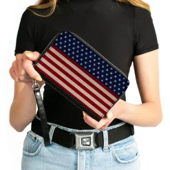 PU Zip Around Wallet Rectangle - American Flag Stripe