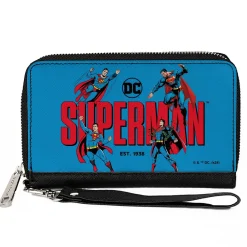 PU Zip Around Wallet Rectangle - SUPERMAN EST 1938 Action Poses and Text Blue/Red