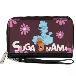 PU Zip Around Wallet Rectangle - The Proud Family SUGA MAMA and Puff Pose with Flowers Purple