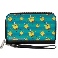 PU Zip Around Wallet Rectangle - SpongeBob Dancing Pose Scattered Stripe Teal Blues