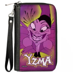 PU Zip Around Wallet Rectangle - YZMA Smiling Pose + Fish Icon Fuschias/Yellows