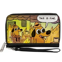 PU Zip Around Wallet Rectangle - THIS IS FINE Question Hound Cafe Fire Comic Strip Blocks
