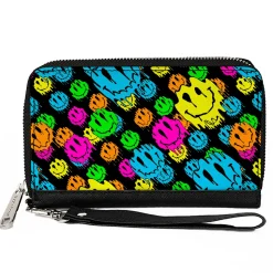 PU Zip Around Wallet Rectangle - Smiley Faces Melted Stacked Black Multi Neon