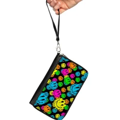 PU Zip Around Wallet Rectangle - Smiley Faces Melted Stacked Black Multi Neon