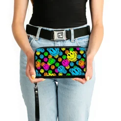 PU Zip Around Wallet Rectangle - Smiley Faces Melted Stacked Black Multi Neon