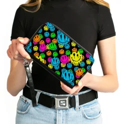 PU Zip Around Wallet Rectangle - Smiley Faces Melted Stacked Black Multi Neon