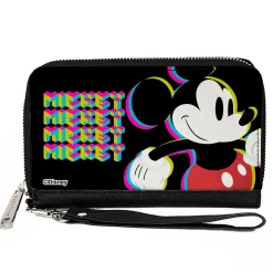 PU Zip Around Wallet Rectangle - MICKEY MOUSE Walking Pose and Pixel Text Black/Multi Neon