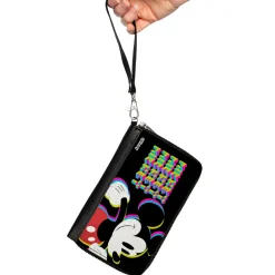 PU Zip Around Wallet Rectangle - MICKEY MOUSE Walking Pose and Pixel Text Black/Multi Neon
