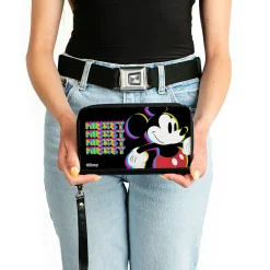 PU Zip Around Wallet Rectangle - MICKEY MOUSE Walking Pose and Pixel Text Black/Multi Neon