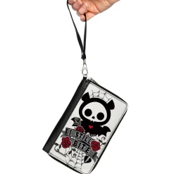 PU Zip Around Wallet Rectangle - Skelanimals Diego the Bat I STILL BITE Pose White/Gray/Black/Red