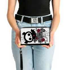 PU Zip Around Wallet Rectangle - Skelanimals Diego the Bat I STILL BITE Pose White/Gray/Black/Red