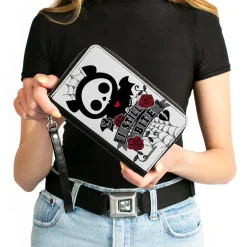 PU Zip Around Wallet Rectangle - Skelanimals Diego the Bat I STILL BITE Pose White/Gray/Black/Red