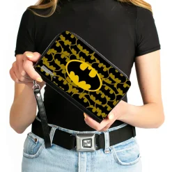 PU Zip Around Wallet Rectangle - Batman Bat Signal Stacked and Centered Yellow/Black