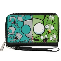 PU Zip Around Wallet Rectangle - Invader Zim GIR Split Close-Up and Poses Blue/Green