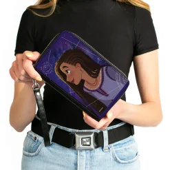 PU Zip Around Wallet Rectangle - Wish Asha Profile Pose and Star Sketch Galaxy Blues