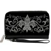 PU Zip Around Wallet Rectangle - Fleur-de-Lis w/Filigree Black/Gray