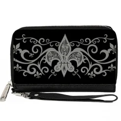 PU Zip Around Wallet Rectangle - Fleur-de-Lis w/Filigree Black/Gray
