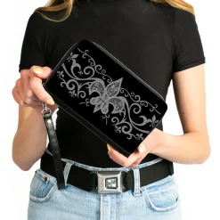 PU Zip Around Wallet Rectangle - Fleur-de-Lis w/Filigree Black/Gray