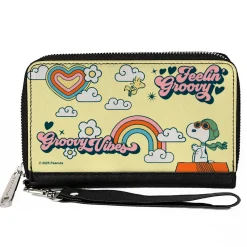 PU Zip Around Wallet Rectangle - Peanuts Snoopy Flying Ace and Woodstock GROOVY Quotes Collage Yellow