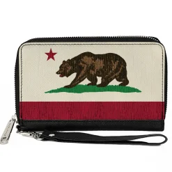 PU Zip Around Wallet Rectangle - California Flag Bear Weathered White