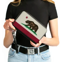 PU Zip Around Wallet Rectangle - California Flag Bear Weathered White