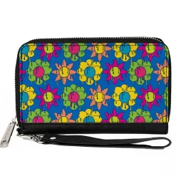 PU Zip Around Wallet Rectangle - Funky Flower Drip Blue/Multi Color