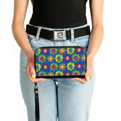 PU Zip Around Wallet Rectangle - Funky Flower Drip Blue/Multi Color