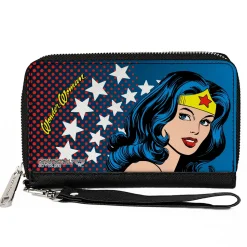 PU Zip Around Wallet Rectangle - WONDER WOMAN Stars/Face Halftone Blues/Red/Yellow/White