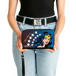 PU Zip Around Wallet Rectangle - WONDER WOMAN Stars/Face Halftone Blues/Red/Yellow/White