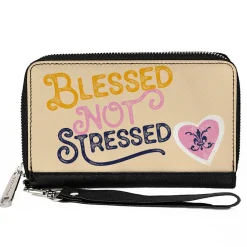 PU Zip Around Wallet Rectangle - BLESSED NOT STRESSED Quote Fleur-de-Lis Beige Multi Color