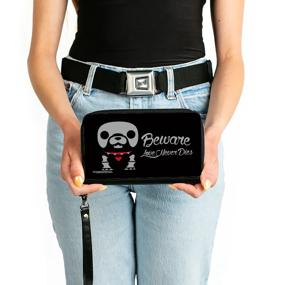 PU Zip Around Wallet Rectangle - Skelanimals Maxx the Bulldog BEWARE LOVE NEVER DIES Pose Black/White/Red