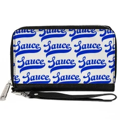 PU Zip Around Wallet Rectangle - SAUCE Baseball Script White/Blue