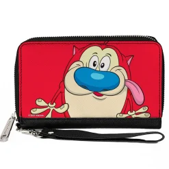 PU Zip Around Wallet Rectangle - The Ren & Stimpy Show Stimpy Smiling Pose CLOSE-UP Red