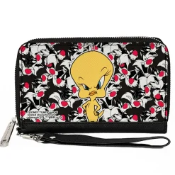 PU Zip Around Wallet Rectangle - Tweety Pose/Sylvester the Cat Expressions Stacked Black/White/Red