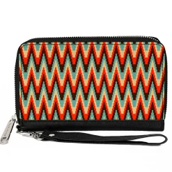 PU Zip Around Wallet Rectangle - Jagged Zig Zag Brown/Aqua/Cream/Red
