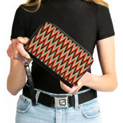 PU Zip Around Wallet Rectangle - Jagged Zig Zag Brown/Aqua/Cream/Red