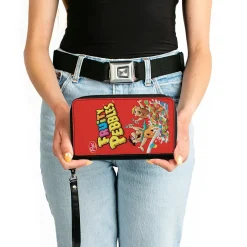 PU Zip Around Wallet Rectangle - FRUITY PEBBLES Fred Flintstone and Barney Rubble Cereal Box Replica Bright Red