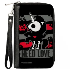 PU Zip Around Wallet Rectangle - Skelanimals Bonita the Unicorn NEED LOVE Pose Black/Gray/Red/White