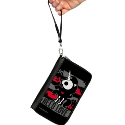 PU Zip Around Wallet Rectangle - Skelanimals Bonita the Unicorn NEED LOVE Pose Black/Gray/Red/White