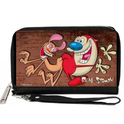 PU Zip Around Wallet Rectangle - The Ren & Stimpy Show Booty Bump Pose Brick Wall Browns