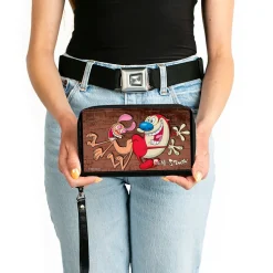PU Zip Around Wallet Rectangle - The Ren & Stimpy Show Booty Bump Pose Brick Wall Browns